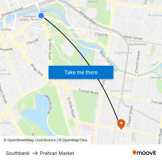 Southbank to Prahran Market map