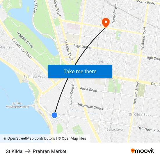 St Kilda to Prahran Market map