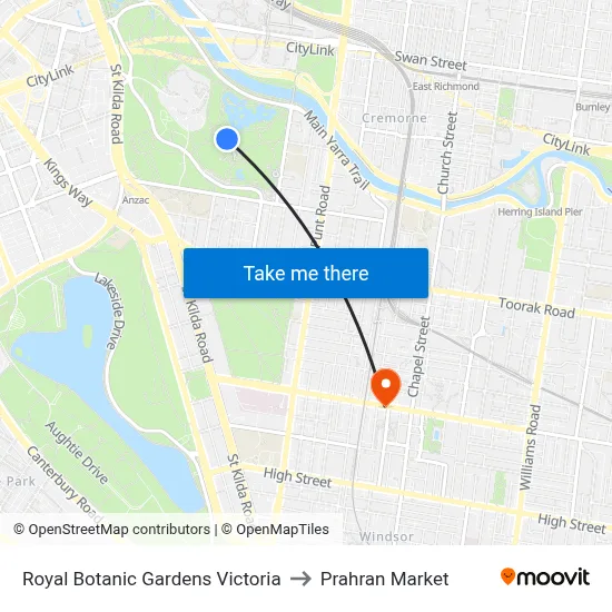 Royal Botanic Gardens Victoria to Prahran Market map