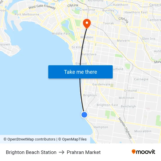 Brighton Beach Station to Prahran Market map