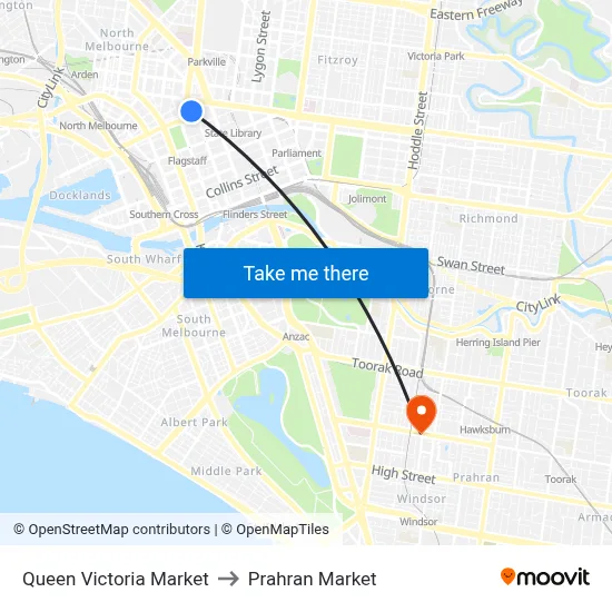 Queen Victoria Market to Prahran Market map