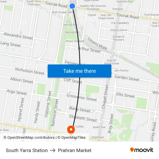 South Yarra Station to Prahran Market map