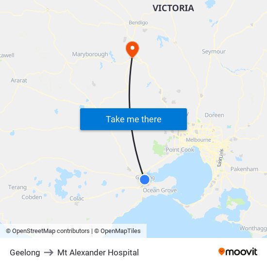 Geelong to Mt Alexander Hospital map