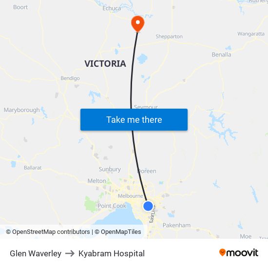 Glen Waverley to Kyabram Hospital map