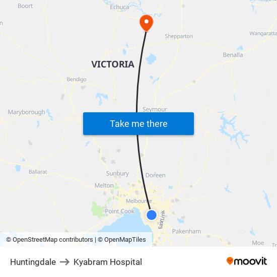 Huntingdale to Kyabram Hospital map