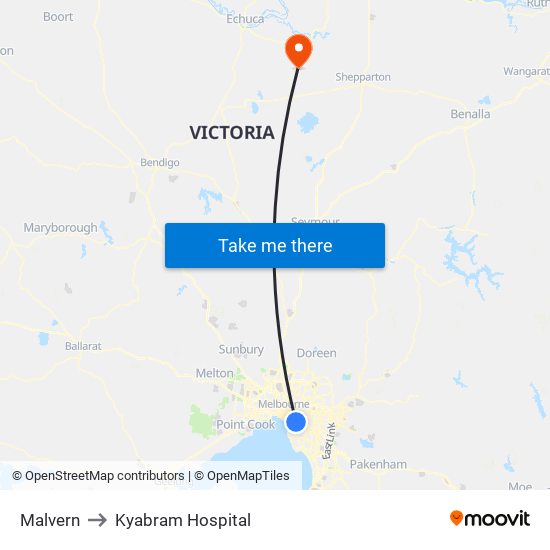 Malvern to Kyabram Hospital map