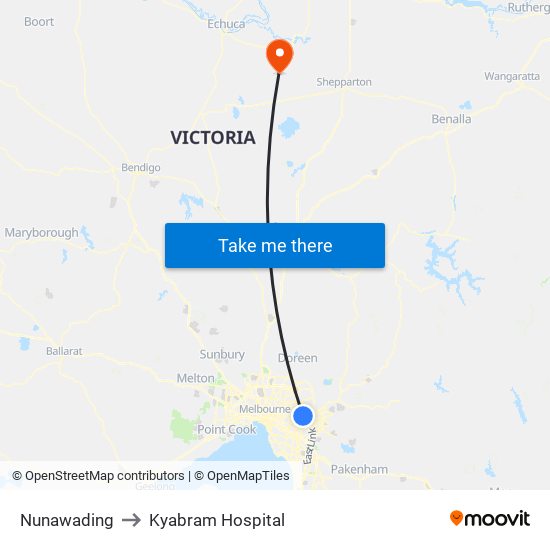 Nunawading to Kyabram Hospital map