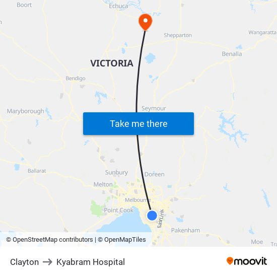 Clayton to Kyabram Hospital map