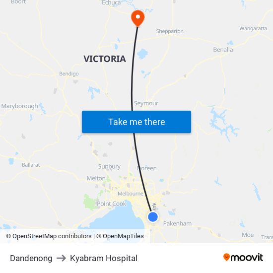 Dandenong to Kyabram Hospital map