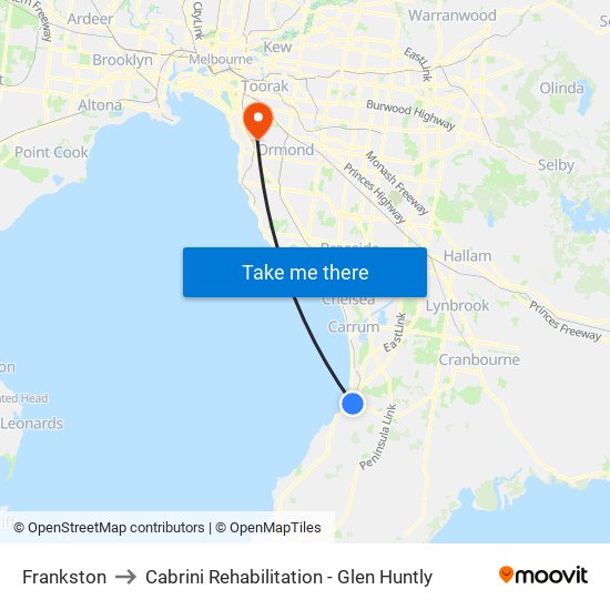 Frankston to Cabrini Rehabilitation - Glen Huntly map