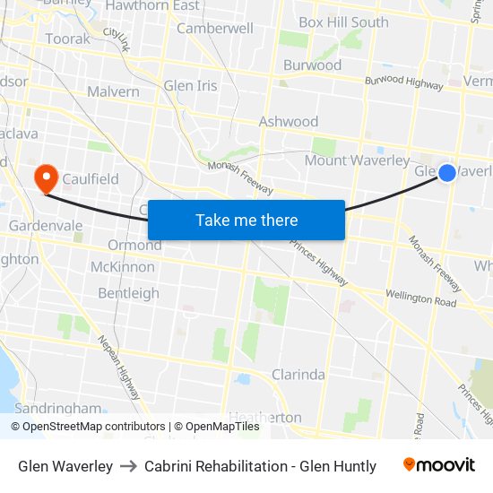 Glen Waverley to Cabrini Rehabilitation - Glen Huntly map