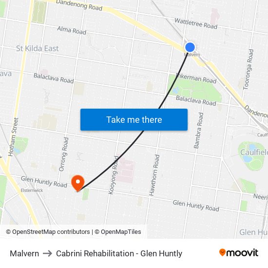 Malvern to Cabrini Rehabilitation - Glen Huntly map