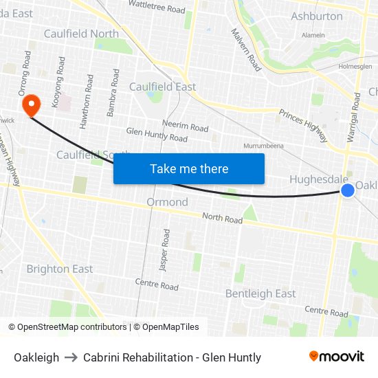 Oakleigh to Cabrini Rehabilitation - Glen Huntly map