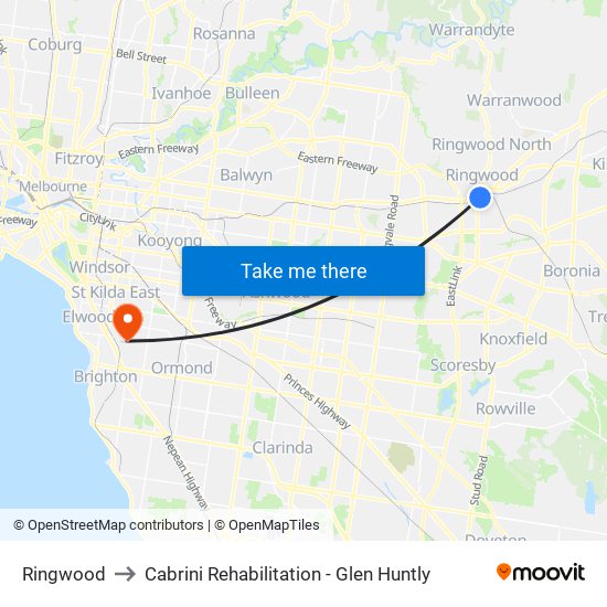 Ringwood to Cabrini Rehabilitation - Glen Huntly map