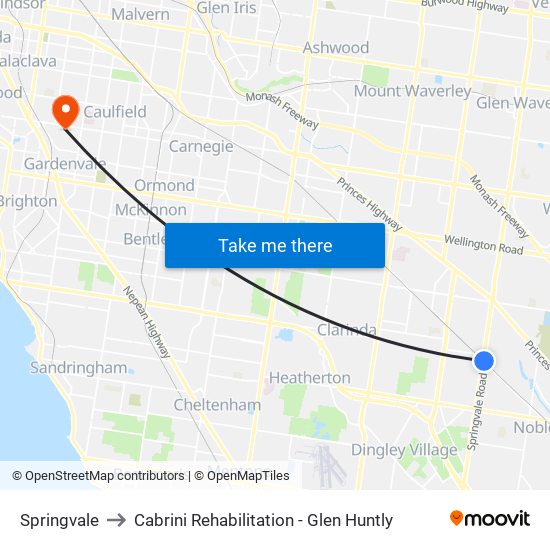 Springvale to Cabrini Rehabilitation - Glen Huntly map