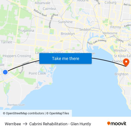 Werribee to Cabrini Rehabilitation - Glen Huntly map