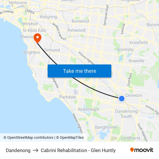 Dandenong to Cabrini Rehabilitation - Glen Huntly map
