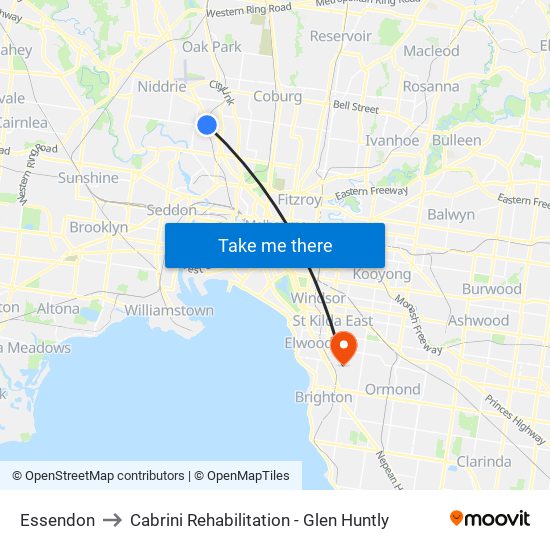 Essendon to Cabrini Rehabilitation - Glen Huntly map