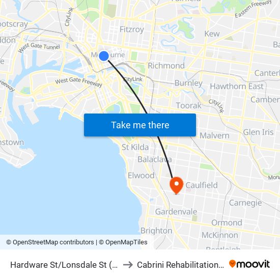 Hardware St/Lonsdale St (Melbourne City) to Cabrini Rehabilitation - Glen Huntly map