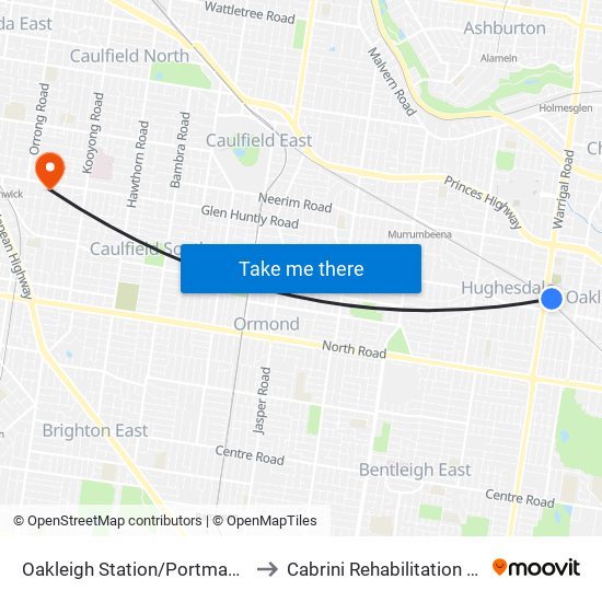 Oakleigh Station/Portman St (Oakleigh) to Cabrini Rehabilitation - Glen Huntly map