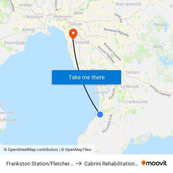 Frankston Station/Fletcher Rd (Frankston) to Cabrini Rehabilitation - Glen Huntly map