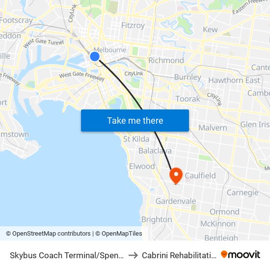 Skybus Coach Terminal/Spencer St (Melbourne City) to Cabrini Rehabilitation - Glen Huntly map