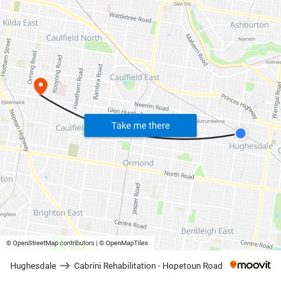 Hughesdale to Cabrini Rehabilitation - Hopetoun Road map