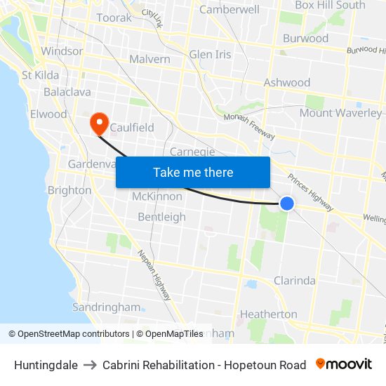 Huntingdale to Cabrini Rehabilitation - Hopetoun Road map