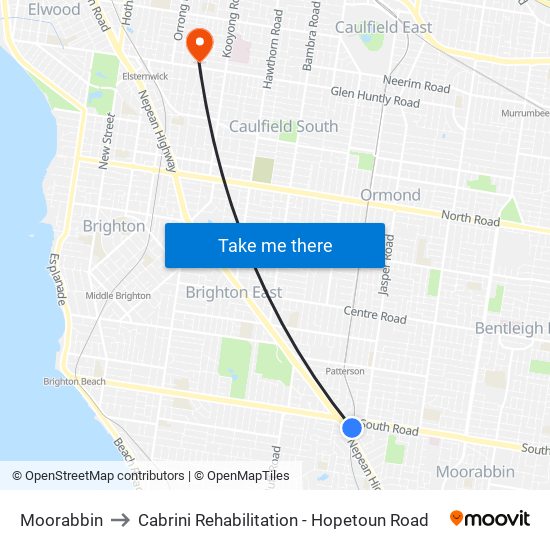Moorabbin to Cabrini Rehabilitation - Hopetoun Road map