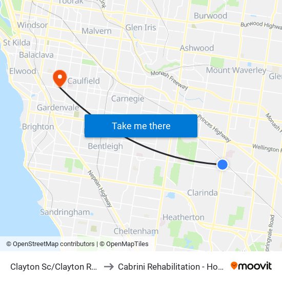Clayton Sc/Clayton Rd (Clayton) to Cabrini Rehabilitation - Hopetoun Road map