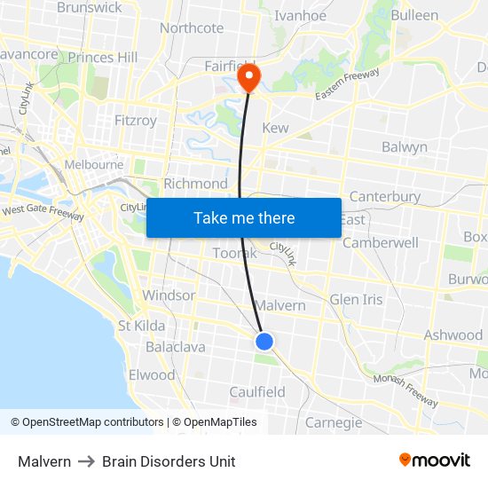 Malvern to Brain Disorders Unit map