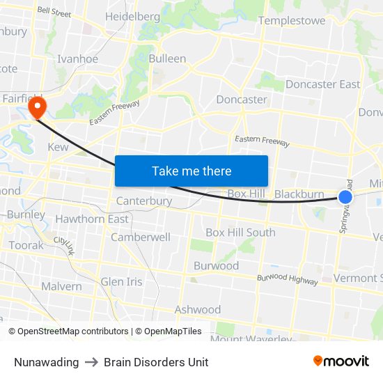 Nunawading to Brain Disorders Unit map