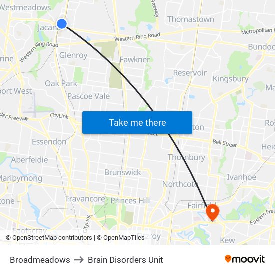 Broadmeadows to Brain Disorders Unit map