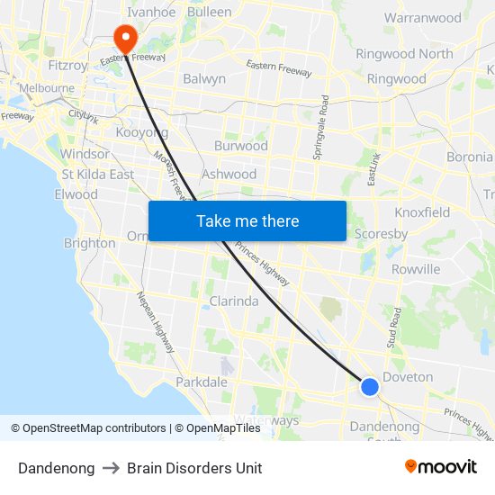 Dandenong to Brain Disorders Unit map