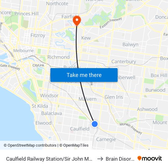 Caulfield Railway Station/Sir John Monash Dr (Caulfield East) to Brain Disorders Unit map