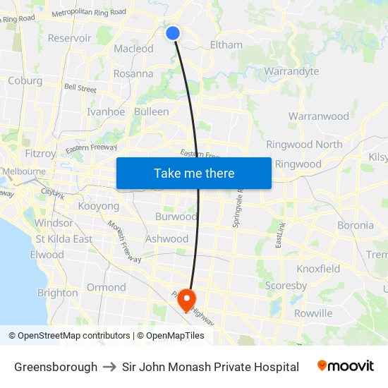 Greensborough to Sir John Monash Private Hospital map