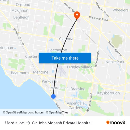 Mordialloc to Sir John Monash Private Hospital map