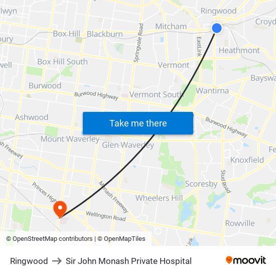 Ringwood to Sir John Monash Private Hospital map