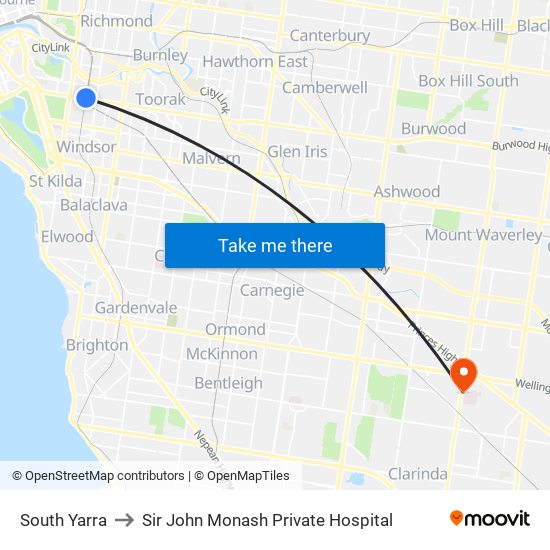 South Yarra to Sir John Monash Private Hospital map