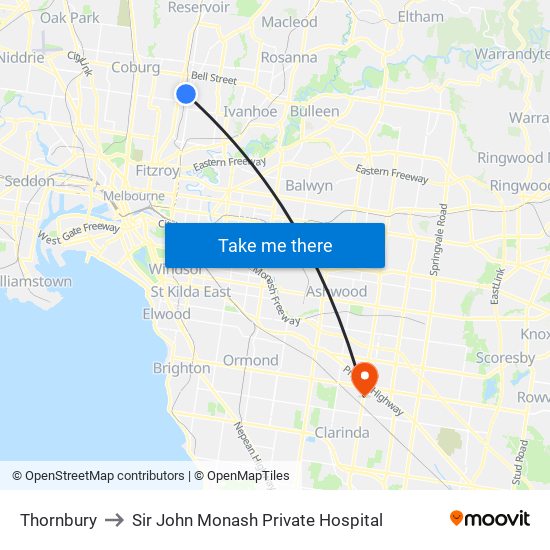 Thornbury to Sir John Monash Private Hospital map