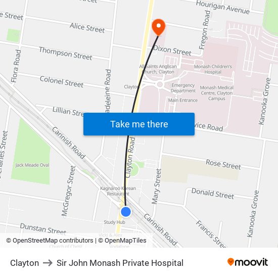 Clayton to Sir John Monash Private Hospital map