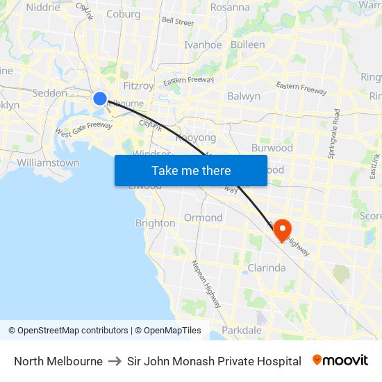 North Melbourne to Sir John Monash Private Hospital map