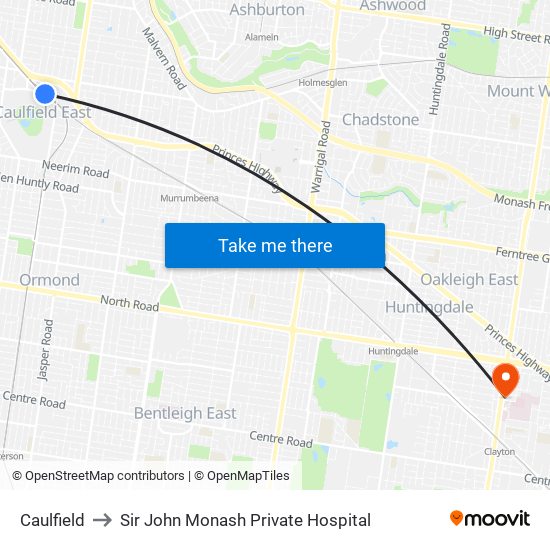 Caulfield to Sir John Monash Private Hospital map