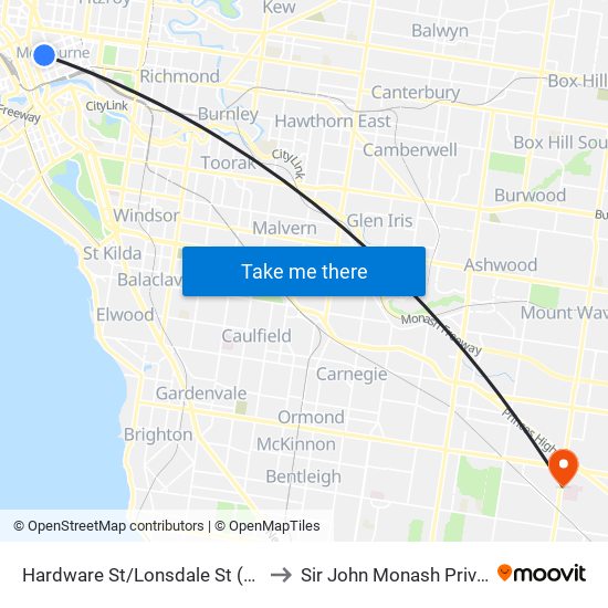 Hardware St/Lonsdale St (Melbourne City) to Sir John Monash Private Hospital map