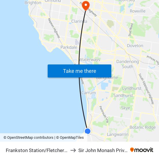 Frankston Station/Fletcher Rd (Frankston) to Sir John Monash Private Hospital map