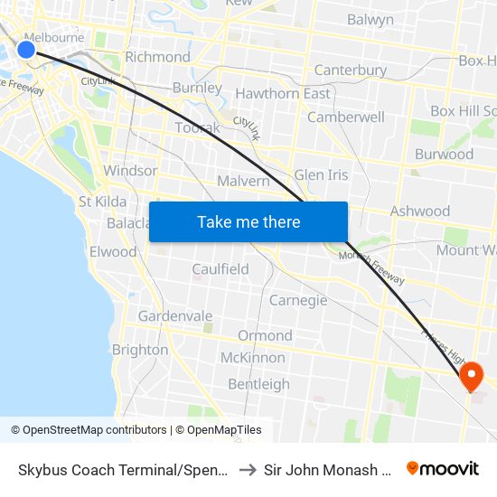 Skybus Coach Terminal/Spencer St (Melbourne City) to Sir John Monash Private Hospital map