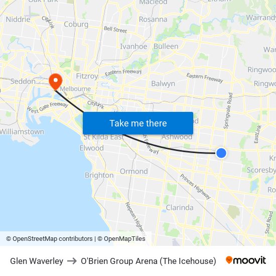 Glen Waverley to O'Brien Group Arena (The Icehouse) map