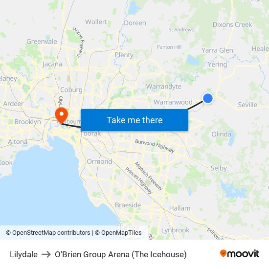 Lilydale to O'Brien Group Arena (The Icehouse) map