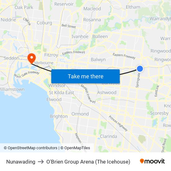 Nunawading to O'Brien Group Arena (The Icehouse) map