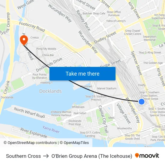 Southern Cross to O'Brien Group Arena (The Icehouse) map